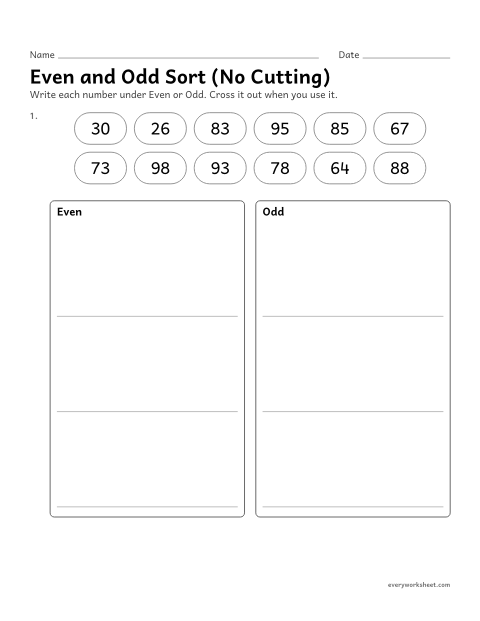Preview of the printable “Even and odd sort (No Cutting)” worksheet: sorting numbers into even and odd