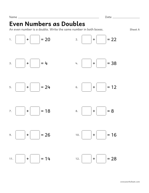 Preview of the printable “Even numbers as Doubles, sheet A” worksheet: writing an even number as a sum of two equal addends