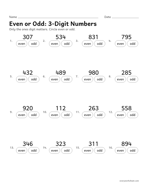 Preview of the printable “Even or Odd: 3-Digit numbers” worksheet: telling if a three-digit number is even or odd