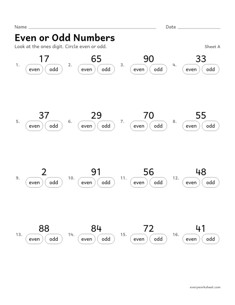 Preview of the printable “Even or odd Numbers, sheet A” worksheet: telling if a number to 100 is even or odd