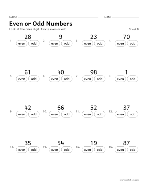 Preview of the printable “Even or odd Numbers, sheet B” worksheet: telling if a number to 100 is even or odd
