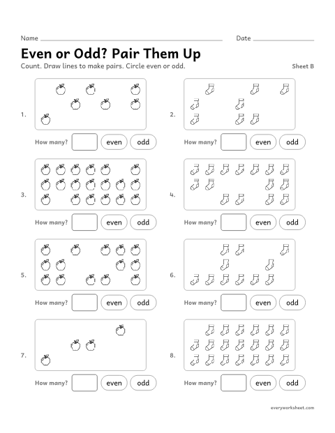 Preview of the printable “Even or Odd? pair them Up, sheet B” worksheet: telling if a group of up to 20 is even or odd by pairing
