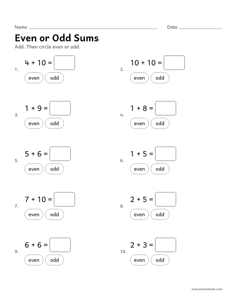 Preview of the printable “Even or odd sums” worksheet: telling if a sum is even or odd