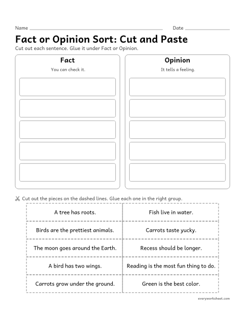 Preview of the printable “Fact or opinion Sort: cut and paste” worksheet: sorting sentences into facts and opinions (cut and paste)