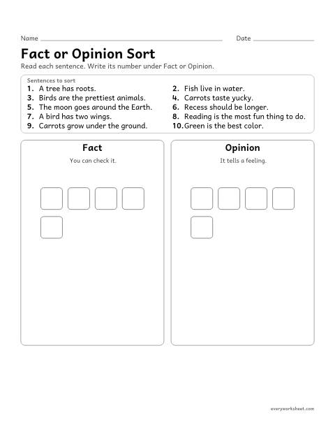 Preview of the printable “Fact or opinion sort” worksheet: sorting sentences into facts and opinions