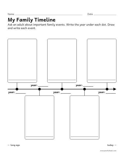 Preview of the printable “Family timeline template for kids” worksheet: making a timeline of family events with an adult’s help