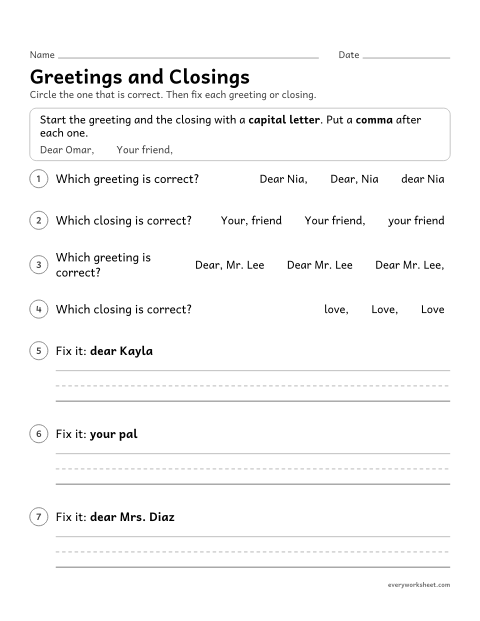 Preview of the printable “Greetings and closings” worksheet: using commas (and capital letters) in the greeting and closing of a letter