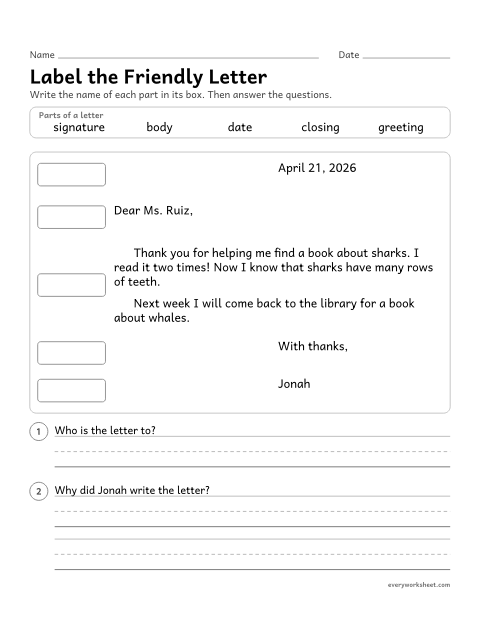 Preview of the printable “Label the friendly letter” worksheet: naming the five parts of a friendly letter