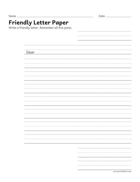 Preview of the printable “Friendly letter paper” worksheet: writing a friendly letter with all five parts on lined paper