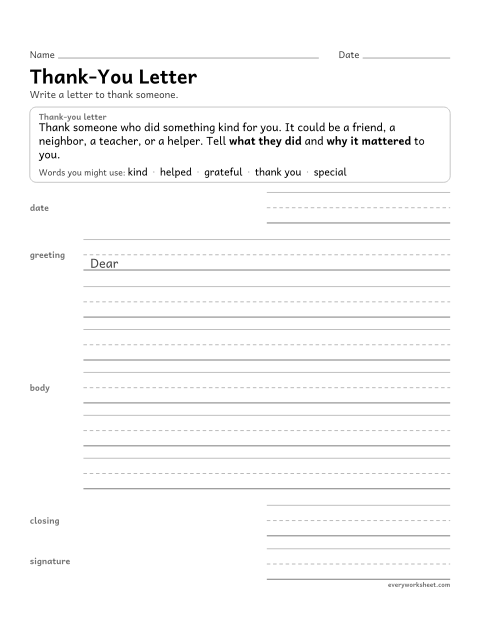 Preview of the printable “Thank-You letter” worksheet: writing a thank-you letter that tells what someone did and why it mattered