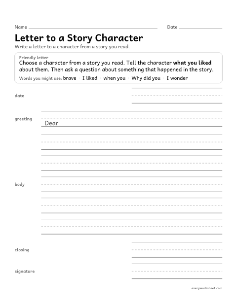 Preview of the printable “Letter to a story character” worksheet: writing a letter to a story character with an opinion and a question about the story