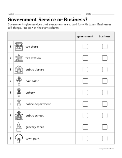 Preview of the printable “Government services sort worksheet” worksheet: telling services the government provides from goods and services sold by businesses