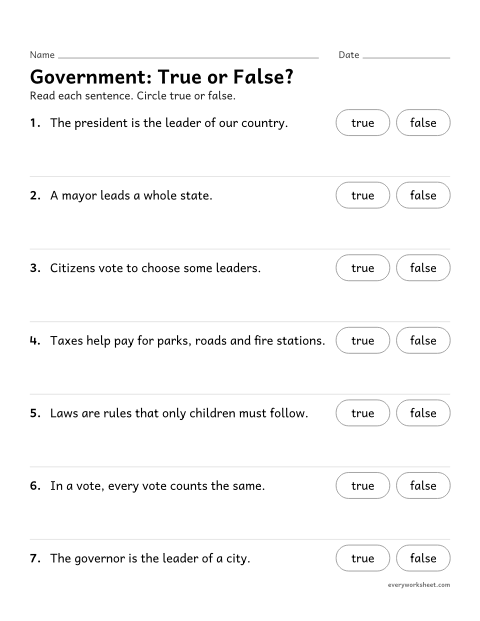 Preview of the printable “Government true or false worksheet” worksheet: checking facts about leaders, voting, laws and taxes
