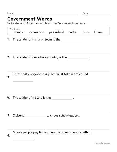 Preview of the printable “Government words fill in the blank” worksheet: using government vocabulary: mayor, governor, president, vote, laws and taxes
