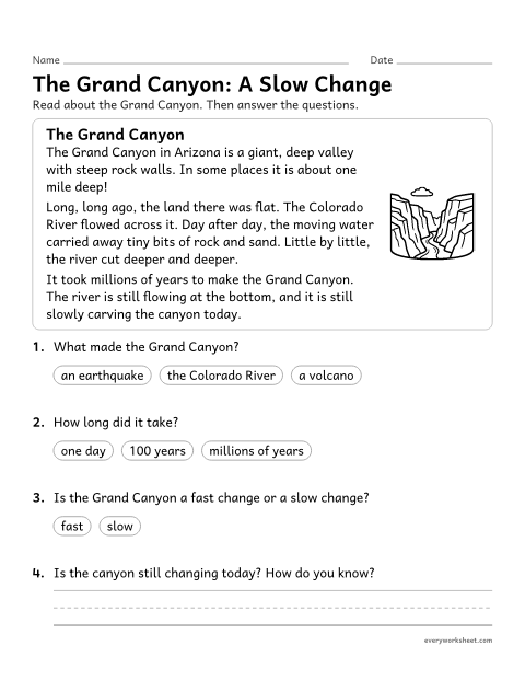 Preview of the printable “Grand canyon reading Passage: A slow change” worksheet: reading about a slow Earth change and answering questions