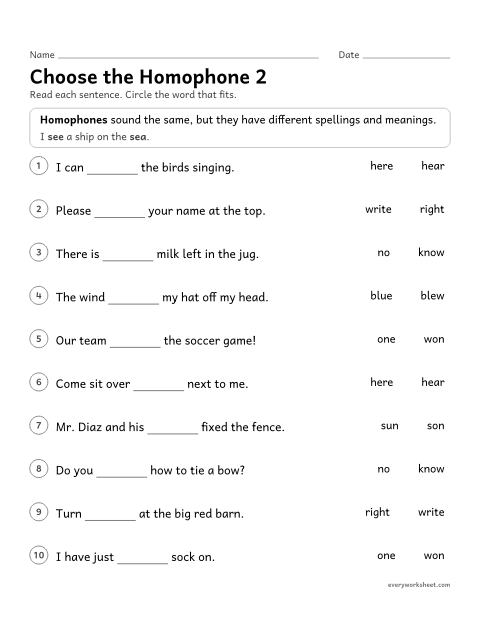 Preview of the printable “Choose the homophone 2” worksheet: using sentence context to choose between hear, here, right, write, know, no, blue, blew, one, won, sun and son