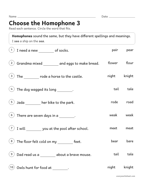 Preview of the printable “Choose the homophone 3” worksheet: using sentence context to choose between pair, pear, flower, flour, night, knight, tail, tale and other homophones