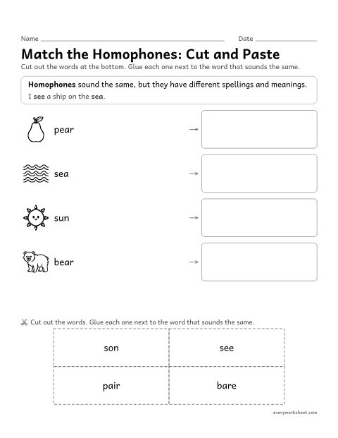 Preview of the printable “Match the Homophones: cut and paste” worksheet: matching homophone pairs that sound the same but are spelled differently