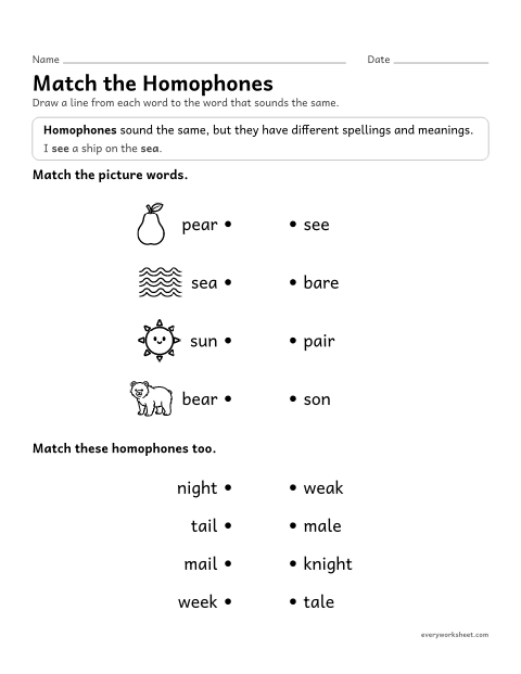 Preview of the printable “Match the homophones” worksheet: matching homophone pairs that sound the same but are spelled differently