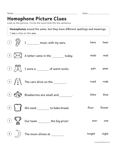 Preview of the printable “Homophone picture clues” worksheet: using a picture and a sentence to choose the right homophone
