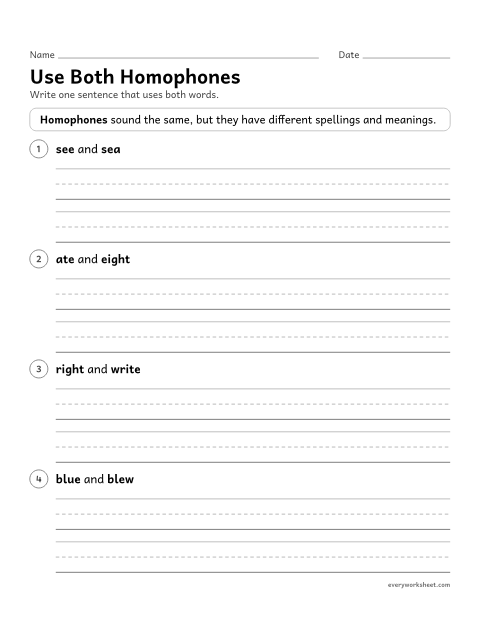 Preview of the printable “Use both homophones” worksheet: writing a sentence that uses both words of a homophone pair correctly