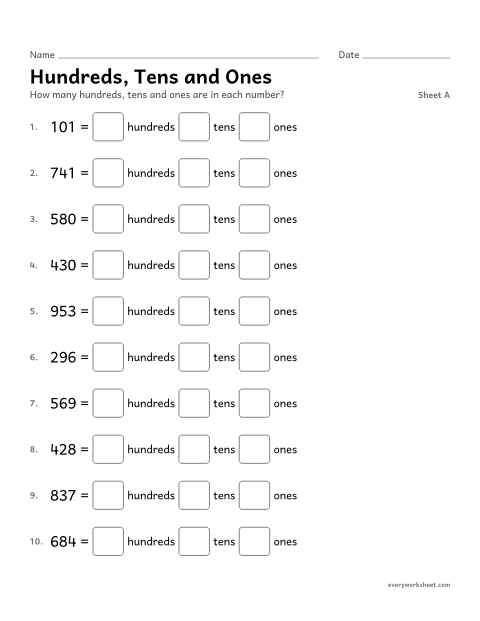 Preview of the printable “Hundreds, tens and Ones, sheet A” worksheet: writing a three-digit number as hundreds, tens and ones