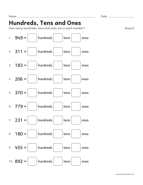 Preview of the printable “Hundreds, tens and Ones, sheet B” worksheet: writing a three-digit number as hundreds, tens and ones