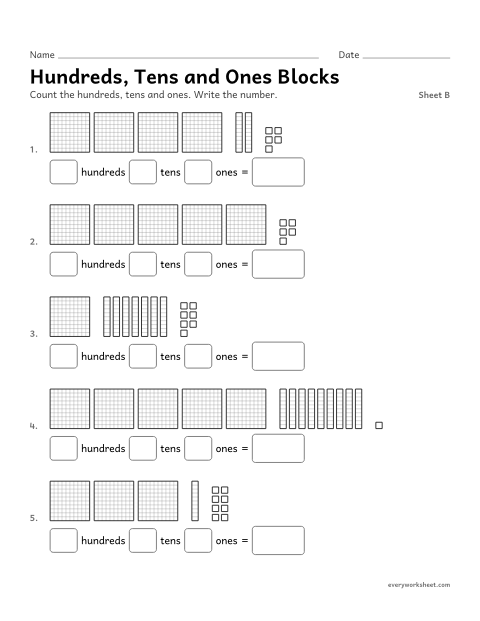 Preview of the printable “Hundreds, tens and ones Blocks, sheet B” worksheet: reading three-digit numbers shown with base-ten blocks