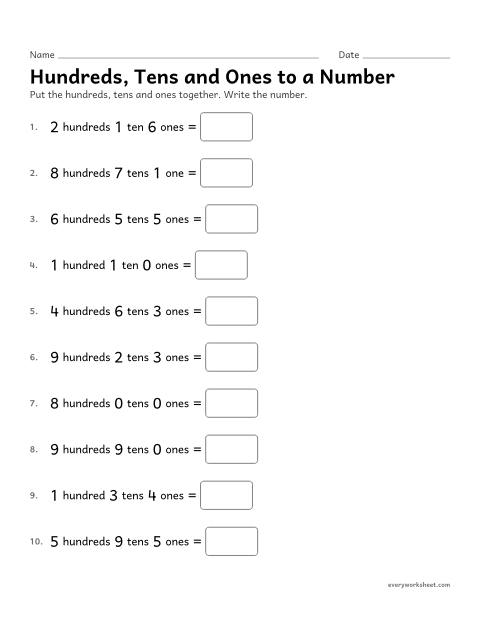 Preview of the printable “Hundreds, tens and ones to a number” worksheet: writing a number from hundreds, tens and ones
