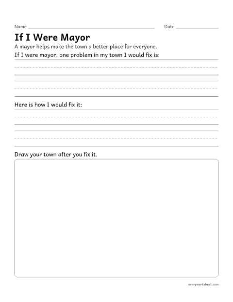 Preview of the printable “If I were mayor writing worksheet” worksheet: describing the responsibilities of a local leader and ways to improve a community