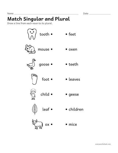Preview of the printable “Match singular and plural” worksheet: matching nouns to their irregular plurals