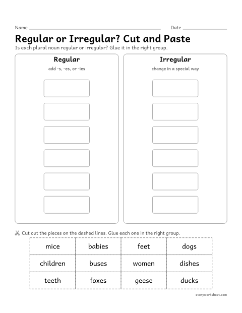 Preview of the printable “Regular or Irregular? cut and paste” worksheet: sorting regular and irregular plural nouns