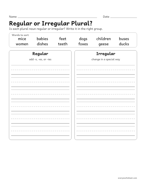 Preview of the printable “Regular or irregular Plural?” worksheet: sorting regular and irregular plural nouns