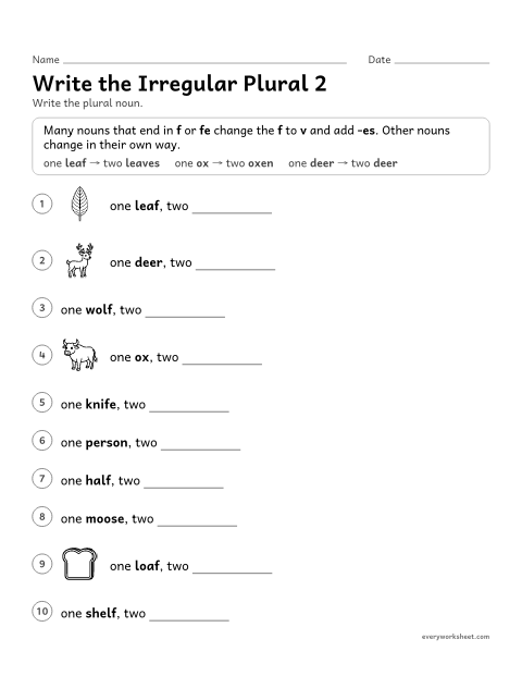 Preview of the printable “Write the irregular plural 2” worksheet: writing irregular plural nouns, including f to v