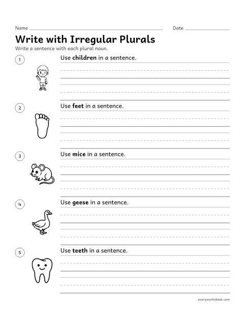 Preview of the printable “Write with irregular plurals” worksheet: writing sentences that use irregular plural nouns