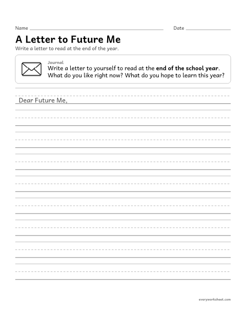 Preview of the printable “A letter to future me” worksheet: writing to your future self about your interests and goals
