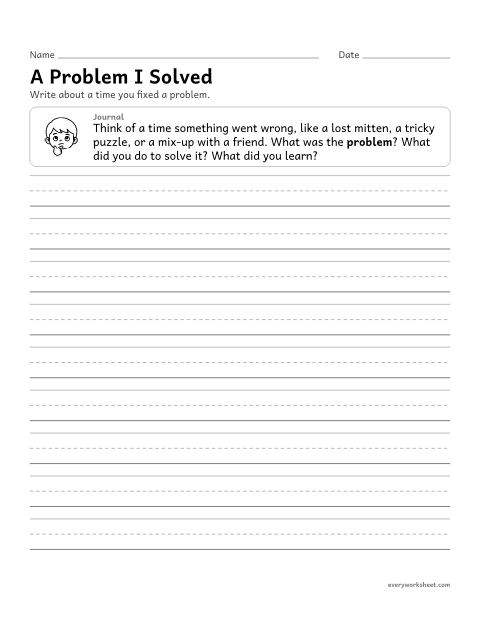 Preview of the printable “A problem I solved” worksheet: writing about a real problem, how it was solved and what was learned