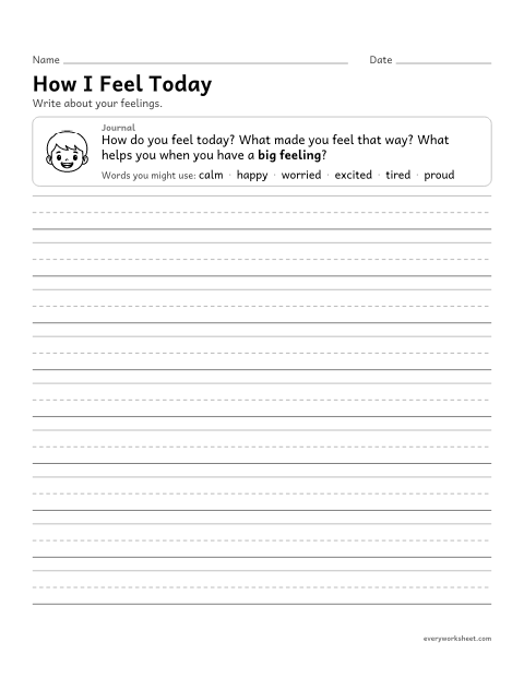 Preview of the printable “How I feel today” worksheet: naming a feeling and writing about what caused it