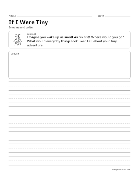 Preview of the printable “If I were tiny” worksheet: writing an imagined adventure with events and details