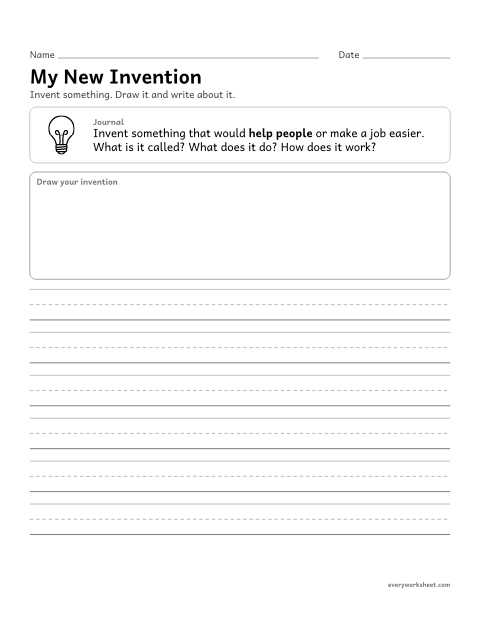 Preview of the printable “My new invention” worksheet: describing an invented object: its name, what it does and how it works