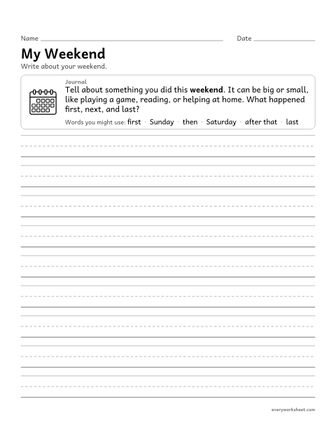 Preview of the printable “My weekend” worksheet: recounting weekend events in order