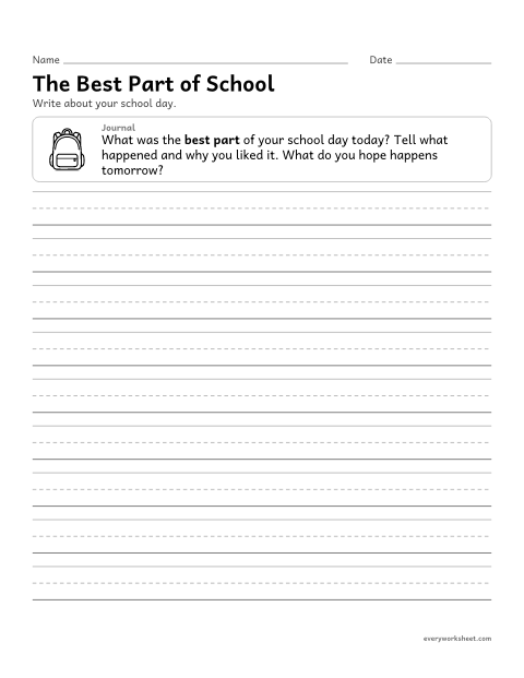 Preview of the printable “The best part of school” worksheet: recalling an event from the school day and telling why it mattered