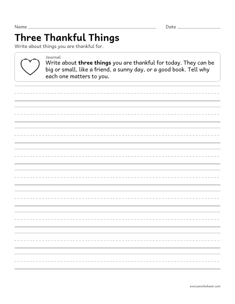 Preview of the printable “Three thankful things” worksheet: writing about things you are thankful for and why