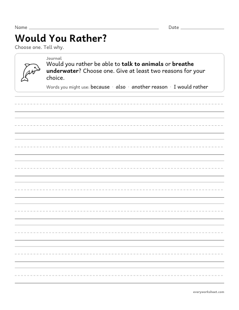 Preview of the printable “Would you Rather?” worksheet: choosing an option and giving reasons