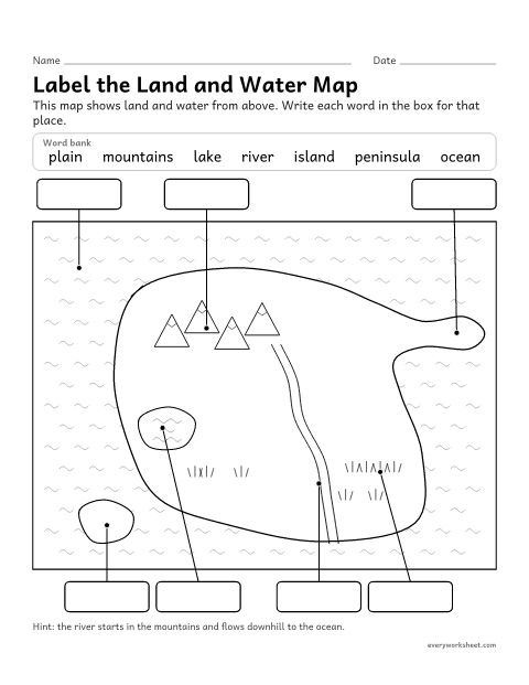 Preview of the printable “Label the landforms map worksheet” worksheet: labeling a map model of land and bodies of water