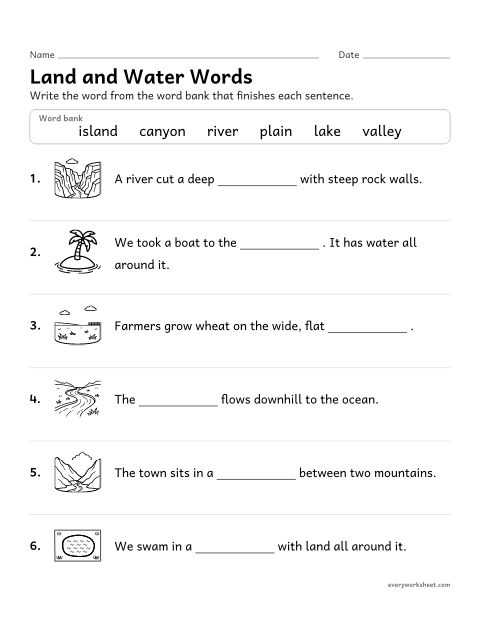 Preview of the printable “Landforms and bodies of water fill in the blank” worksheet: using landform and body of water words in sentences