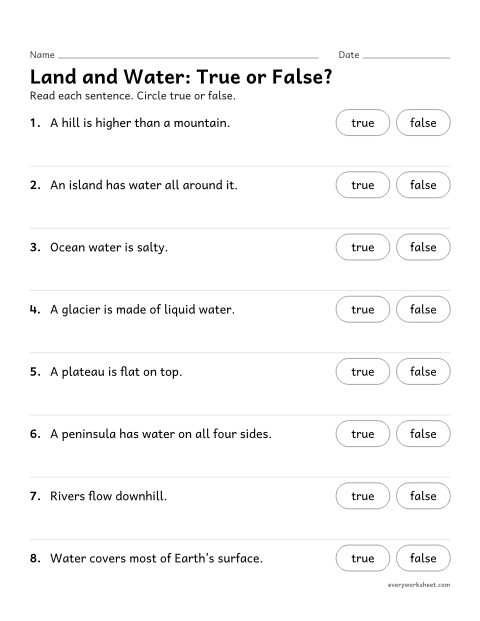 Preview of the printable “Landforms true or false worksheet” worksheet: checking facts about landforms and bodies of water