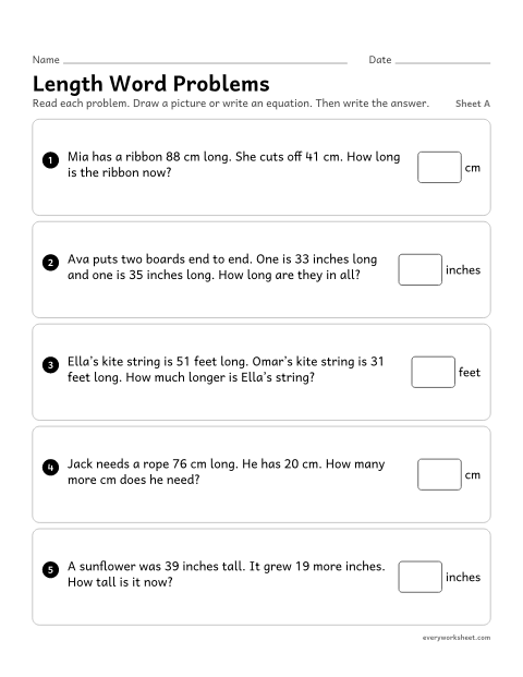 Preview of the printable “Length word Problems, sheet A” worksheet: adding and subtracting lengths within 100 in word problems, with a drawing and an equation