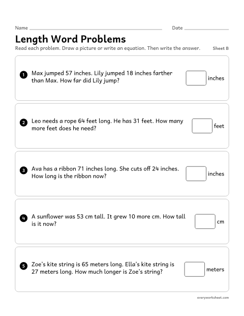 Preview of the printable “Length word Problems, sheet B” worksheet: adding and subtracting lengths within 100 in word problems, with a drawing and an equation
