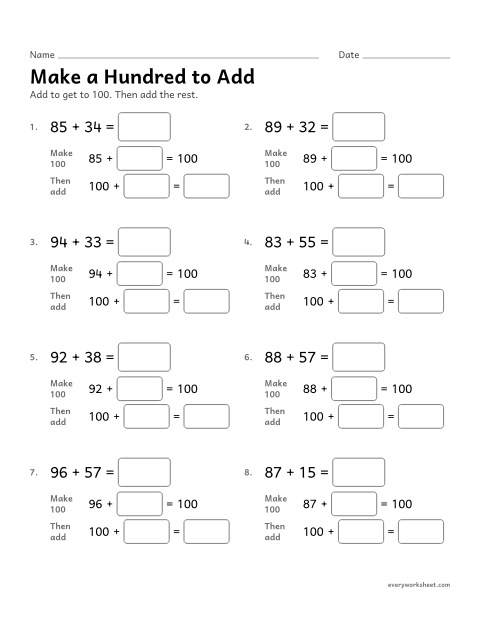 Preview of the printable “Make a hundred to add” worksheet: adding by making a hundred